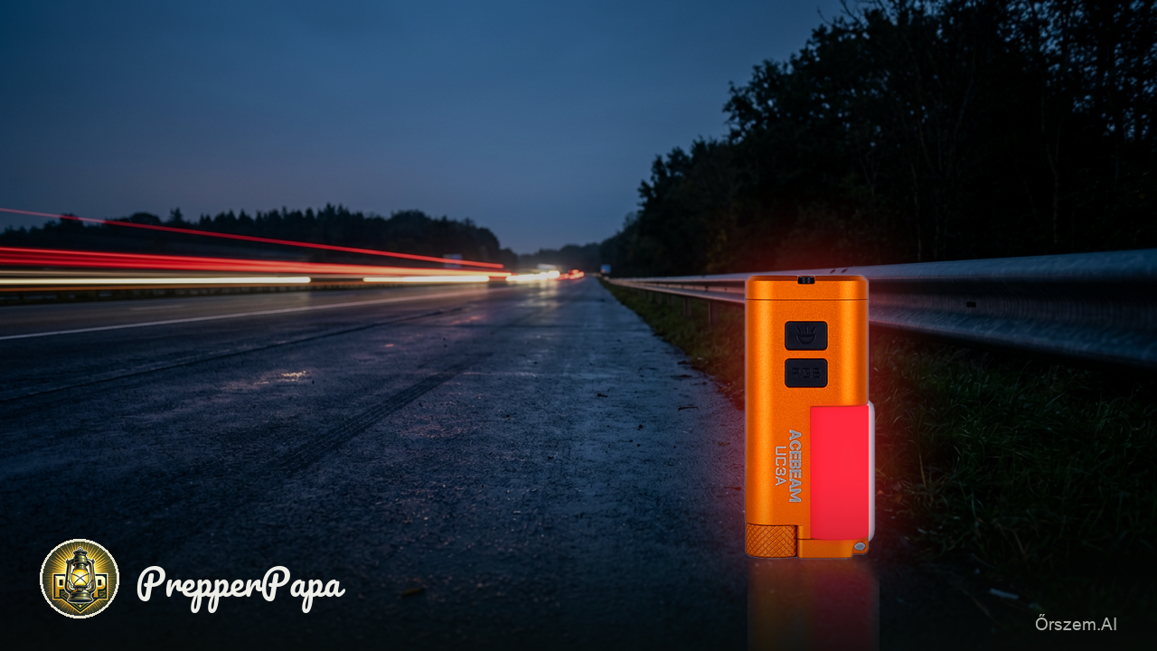Acebeam UC3A lámpa világító piros jelzőpanellel egy esti út szélén